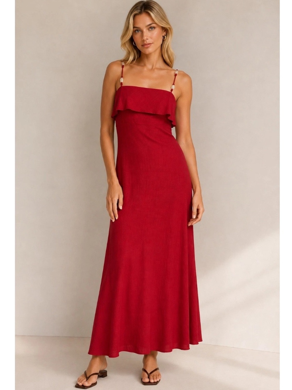 Abel The Label Red Linen Blend Pearl Beaded Strap Ruffle Midi Dress S
